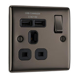 BG NBN21U2B Black Nickel Single Switched 13A Socket with USB Charging - 2X USB Sockets (2.1A)