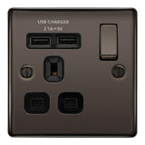 BG NBN21U2B Black Nickel Single Switched 13A Socket with USB Charging - 2X USB Sockets (2.1A)