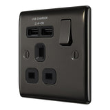 BG NBN21U2B Black Nickel Single Switched 13A Socket with USB Charging - 2X USB Sockets (2.1A)