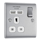 BG NBS21U2W Stainless Steel Single Switched 13A Socket with USB Charging - 2X USB Sockets (2.1A)