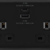 BG NFB22UAC22B Matt Black Double Switched 13A Socket with USB Charging - USB A+C Sockets (22W)