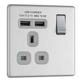 BG FBS21U2G Screwless Flat Plate Stainless Steel Single Switched 13A Socket with USB Charging - 2X USB Sockets (2.1A)