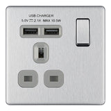 BG FBS21U2G Screwless Flat Plate Stainless Steel Single Switched 13A Socket with USB Charging - 2X USB Sockets (2.1A)