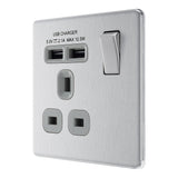 BG FBS21U2G Screwless Flat Plate Stainless Steel Single Switched 13A Socket with USB Charging - 2X USB Sockets (2.1A)