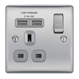 BG NBS21U2G Stainless Steel Single Switched 13A Socket with USB Charging - 2X USB Sockets (2.1A)