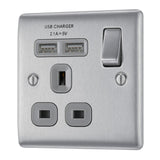 BG NBS21U2G Stainless Steel Single Switched 13A Socket with USB Charging - 2X USB Sockets (2.1A)