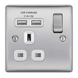 BG NBS21U2W Stainless Steel Single Switched 13A Socket with USB Charging - 2X USB Sockets (2.1A)