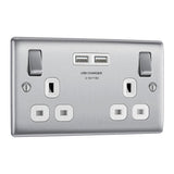 BG NBS22U3W Stainless Steel Double Switched 13A Socket with USB Charging - 2X USB Sockets (3.1A)