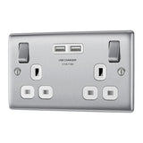 BG NBS22U3W Stainless Steel Double Switched 13A Socket with USB Charging - 2X USB Sockets (3.1A)