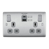 BG NBS22UAC30G Stainless Steel Double Switched 13A Socket with USB Charging - USB A+C Sockets (4.2A) (Grey)