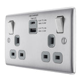 BG NBS22UAC30G Stainless Steel Double Switched 13A Socket with USB Charging - USB A+C Sockets (4.2A) (Grey)