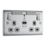 BG NBS22UWRG Stainless Steel Double Switched 13A Socket with Wifi Extender + USB Charging - 1X USB Socket (2.1A)