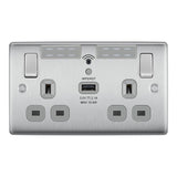 BG NBS22UWRG Stainless Steel Double Switched 13A Socket with Wifi Extender + USB Charging - 1X USB Socket (2.1A)