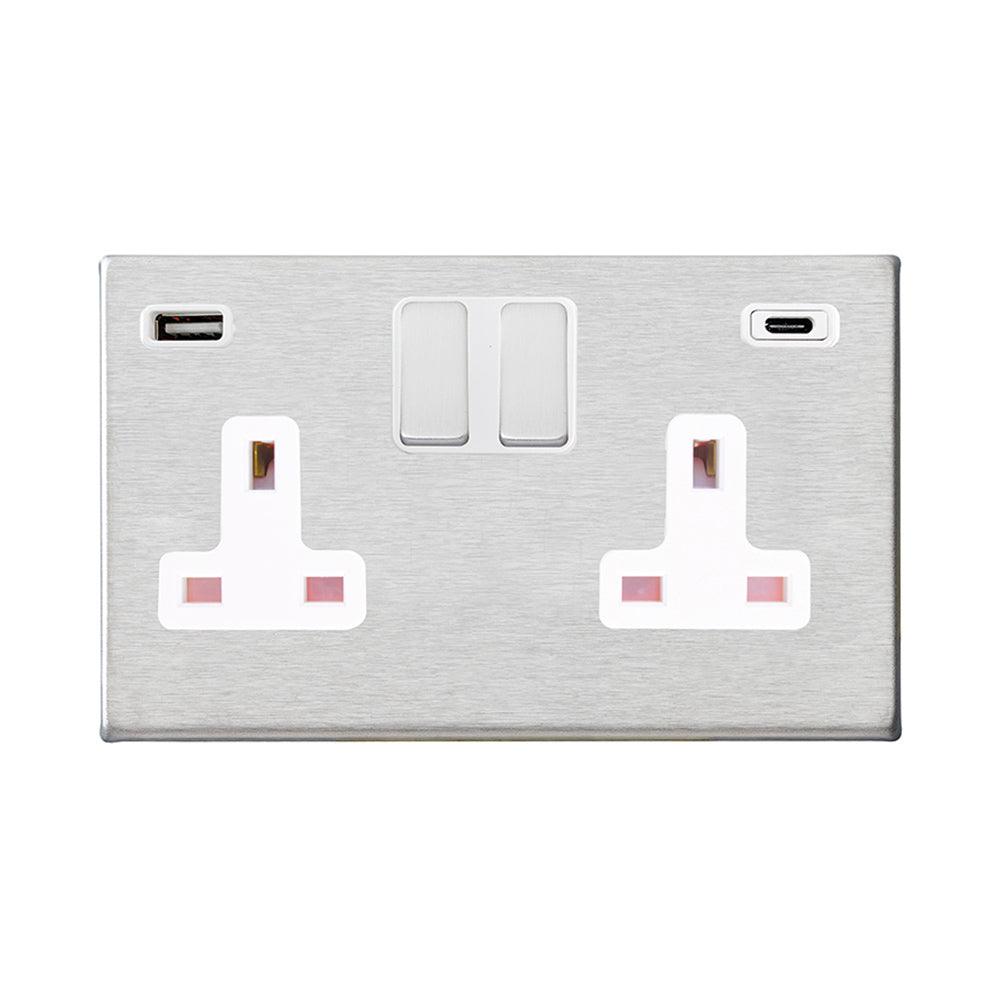 Hamilton Hartland G2 Satin Stainless 13a Double Socket with 2.4a USB-C & USB-A 