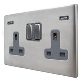 Hamilton 7G24SS2USBULTSS-QG G2 Satin Steel 13A double switched socket with dual 2.4A USB-A charger