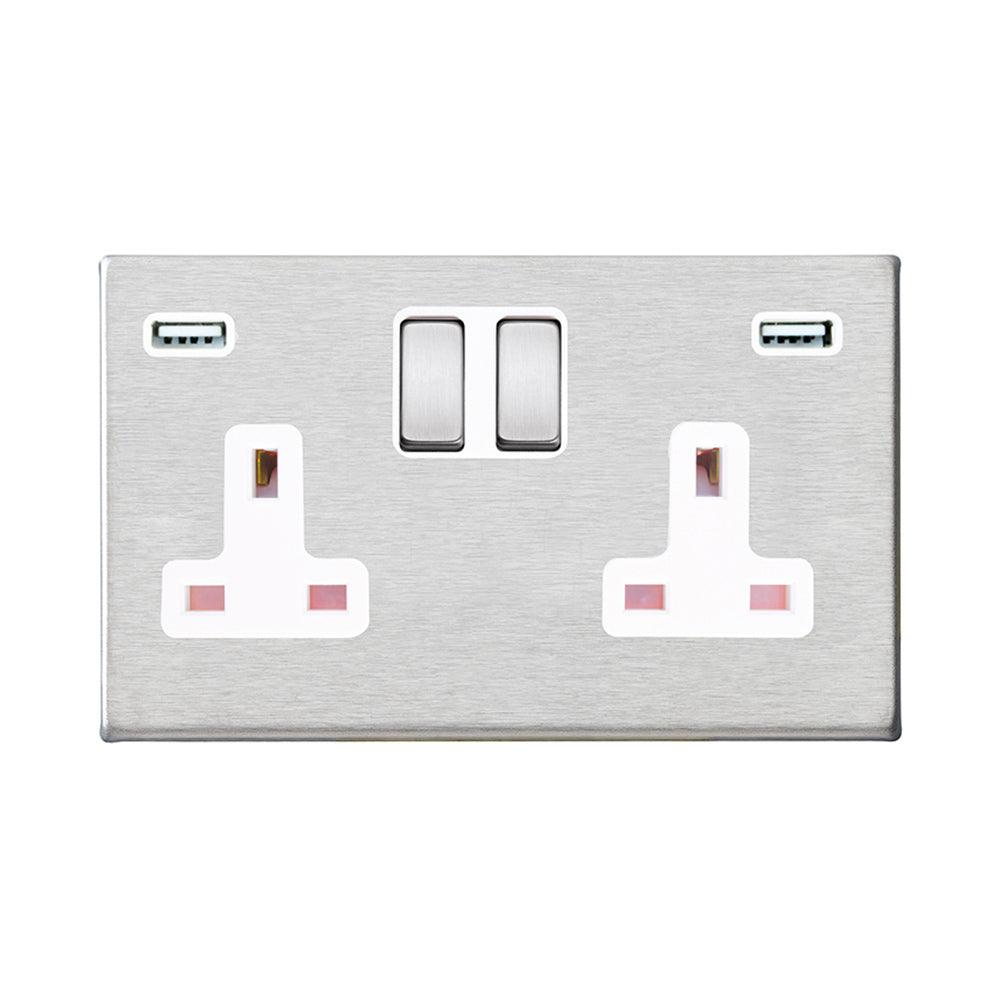 Hamilton Hartland G2 Satin Stainless 13a Double Socket with Dual 2.4a USB-A White Insert