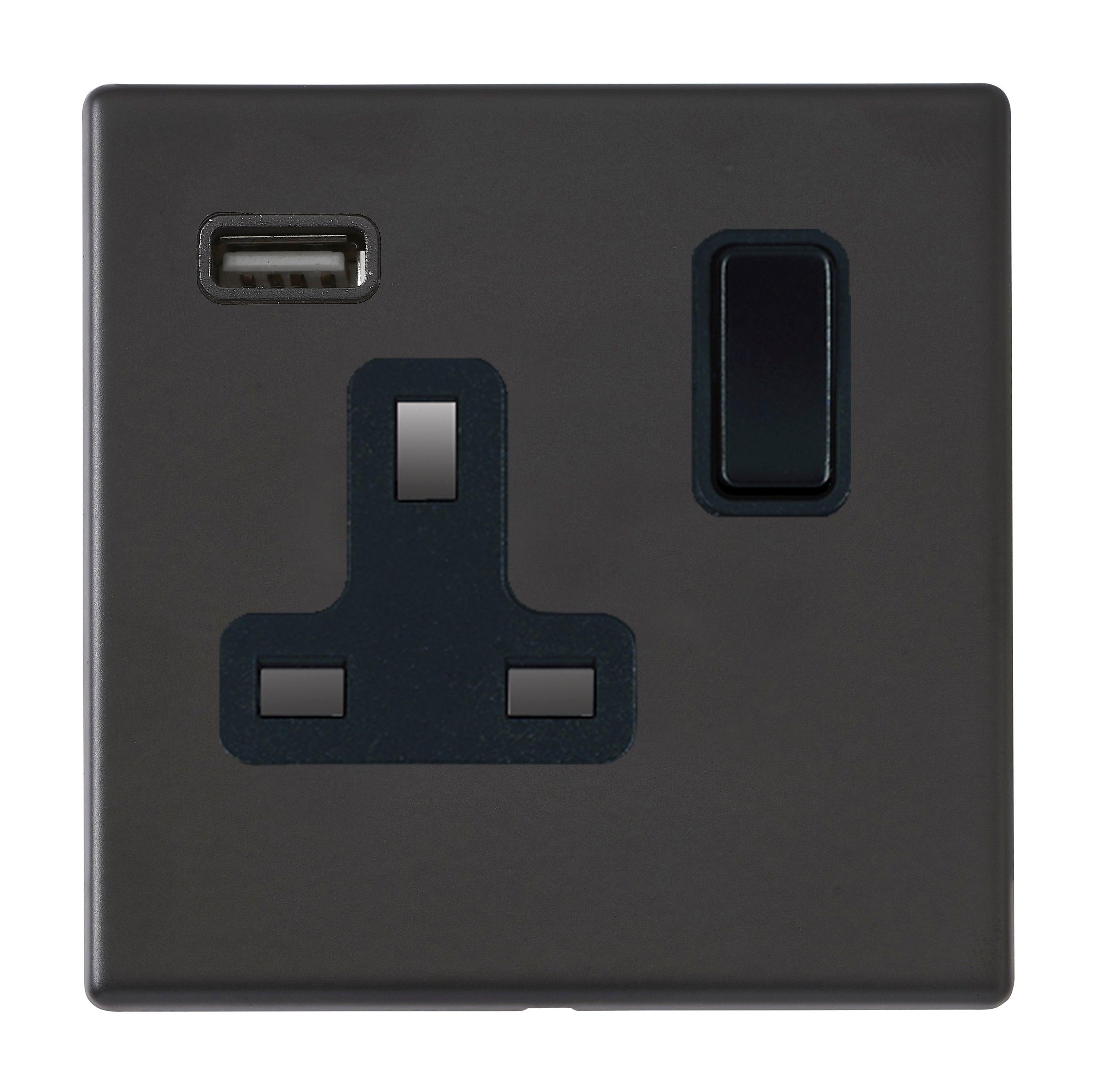 Hamilton Hartland G2 Matt Black 13a Single Socket with 2.4a USB Charger