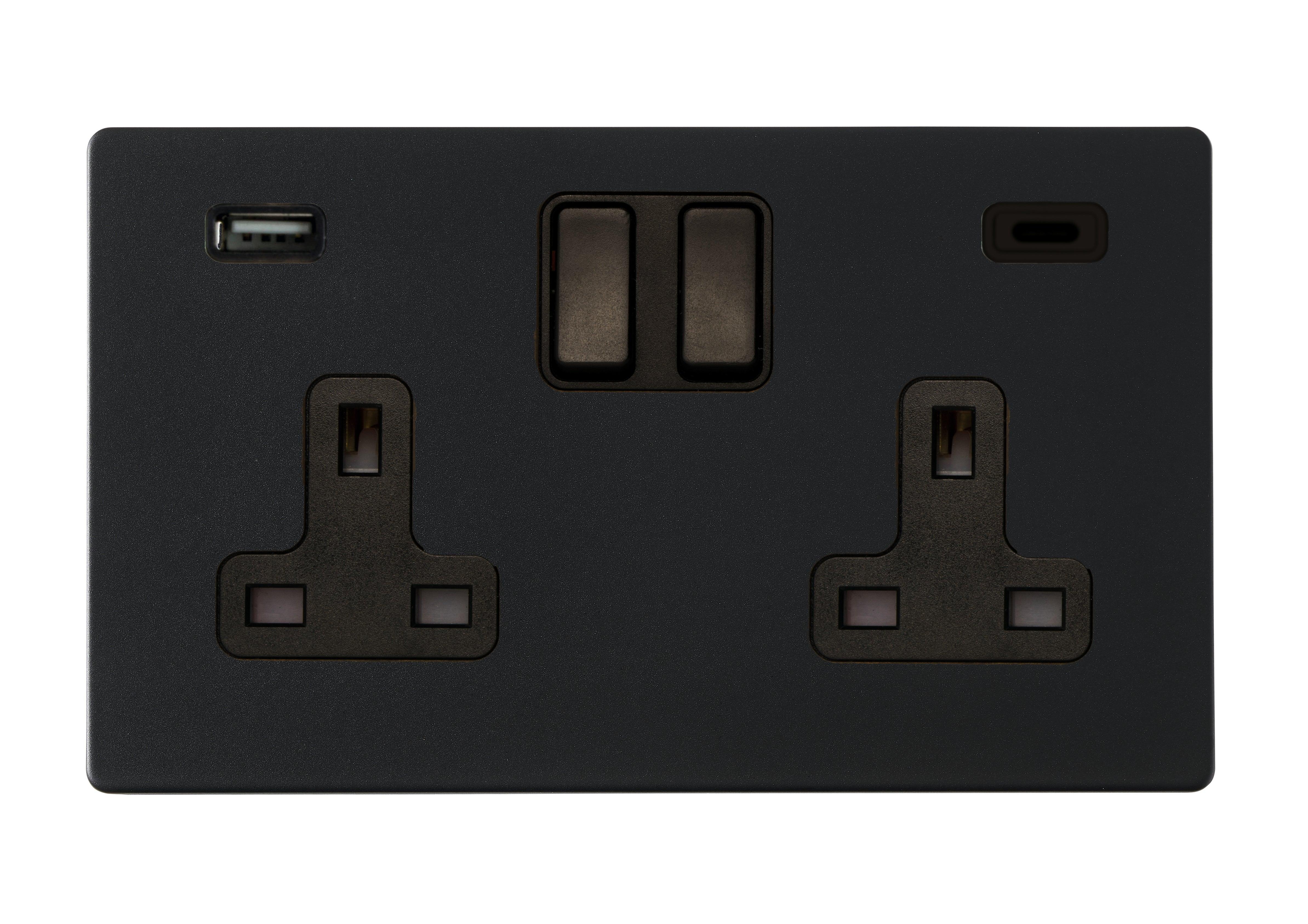 Hamilton Hartland G2 Matt Black 13a Single Socket with 2.4a USB-C & USB-A