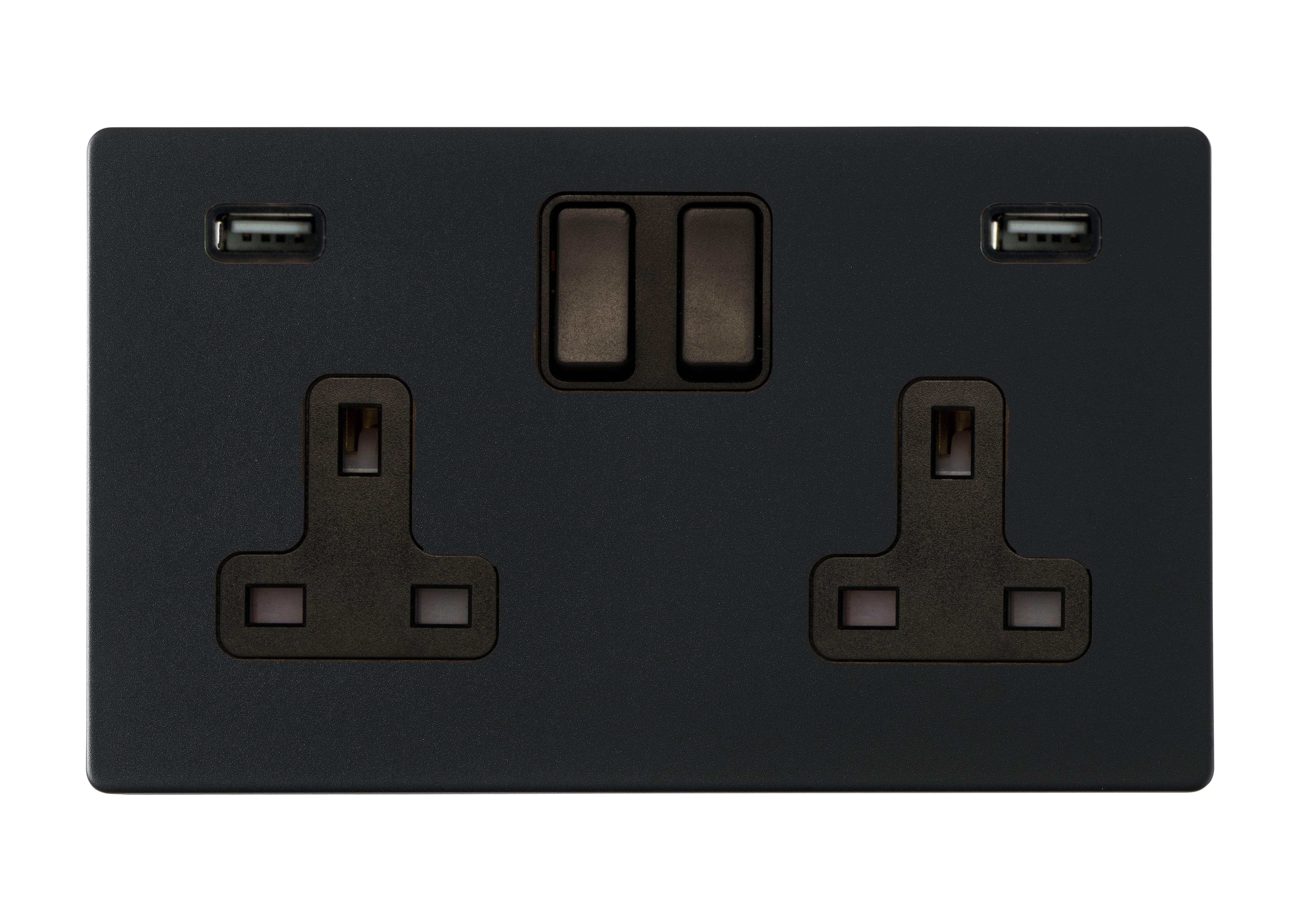 Hamilton Hartland G2 Matt Black 13a Double Socket with Dual 2.4a USB-A