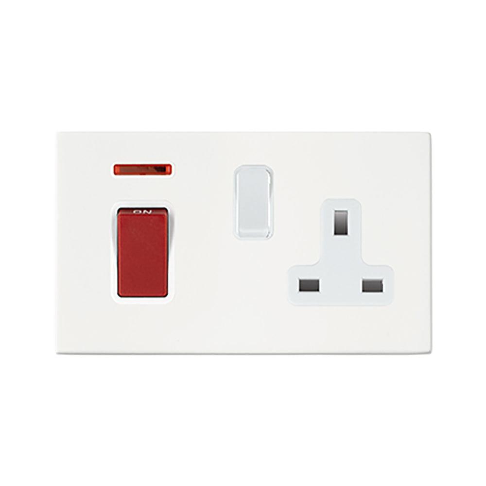 Hamilton Hartland G2 Matt White 2 Gang 45a Double Pole Cooker Switch & Socket with Neon