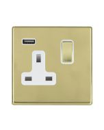 Hamilton 7G21SS1USBPB-W G2 Polished Brass 13A single switched socket with 2.4A USB charger