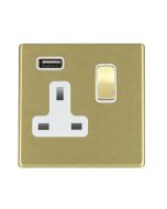 Hamilton 7G22SS1USBSB-W G2 Satin Brass 13A single switched socket with 2.4A USB charger