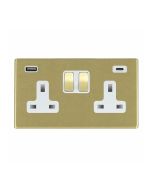 Hamilton 7G22SS2USBCSB-W G2 Satin Brass 13A double switched socket with 2.4A USB-C & USB-A charger