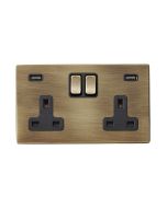 Hamilton 7G29SS2USBULTAB-B G2 Antique Brass 13A double switched socket with dual 2.4A USB-A charger