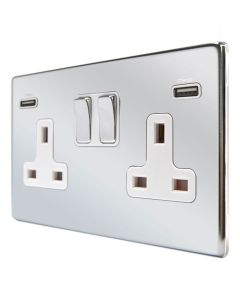 Hamilton 77CSS2USBULTBC-W CFX Polished Chrome 13A double switched socket with dual 2.4A USB-A charger