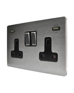 Hamilton 84CSS2USBULTSS-B CFX Satin Steel 13A double switched socket with dual 2.4A USB-A charger