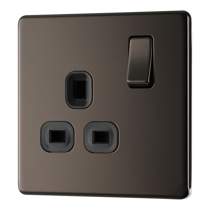 BG FBN21B Screwless Flat Plate Black Nickel Single Switched 13A Socket