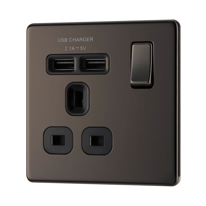 BG FBN21U2B Screwless Flat Plate Black Nickel Single Switched 13A Socket with USB Charging - 2X USB Sockets (2.1A)