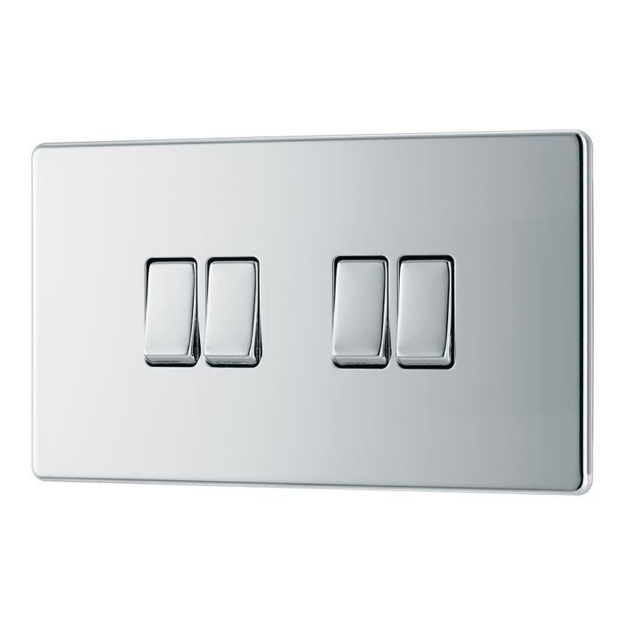 BG FPC44 Screwless Flat Plate Polished Chrome Quadruple Switch 10A 2 Way