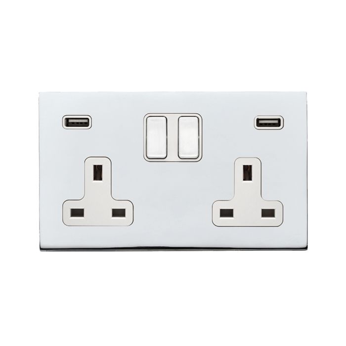 Hamilton 7G27SS2USBULTBC-W G2 Polished Chrome 13A double switched socket with dual 2.4A USB-A charger