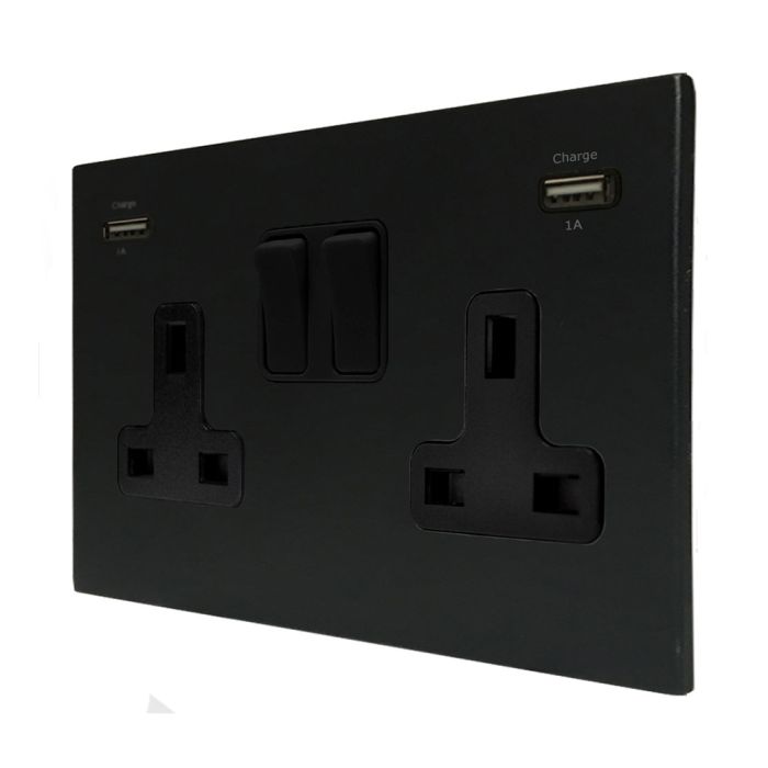 Hamilton 7MBCSS2USBULTBL-B Hamilton CFX Matt Black 13A double switched socket with dual 2.4A USB-A charger